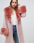 Dolly & Delicious Oversized Floral Metallic Coat With Faux Fur Trims In Camel - Pink