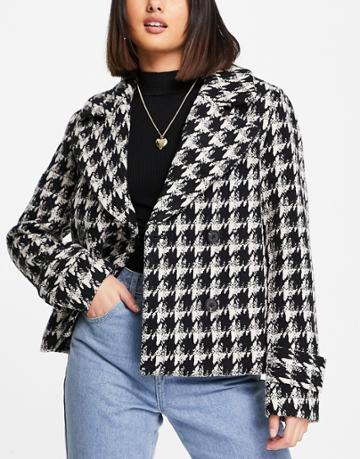 Forever New Pea Coat In Houndstooth Plaid-black