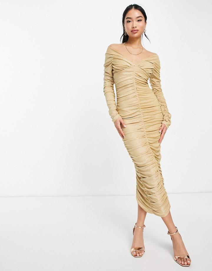 Bardot Off Shoulder Ruched Mini Dress In Metallic Gold Knit-black