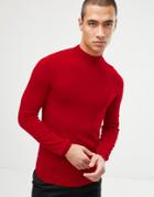 Asos Design Muscle Fit Merino Wool Turtleneck Sweater In Red - Red