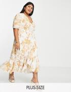 Ever New Curve Puff Sleeve Wrap Midi Dress In Ivory And Gold Floral-white