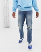 Asos Design 12.5oz Slim Jeans In Vintage Mid Wash With Knee Rips-blue