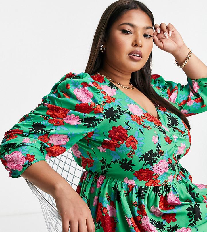 Simply Be Ruched Sleeve Blouse In Green Floral Print