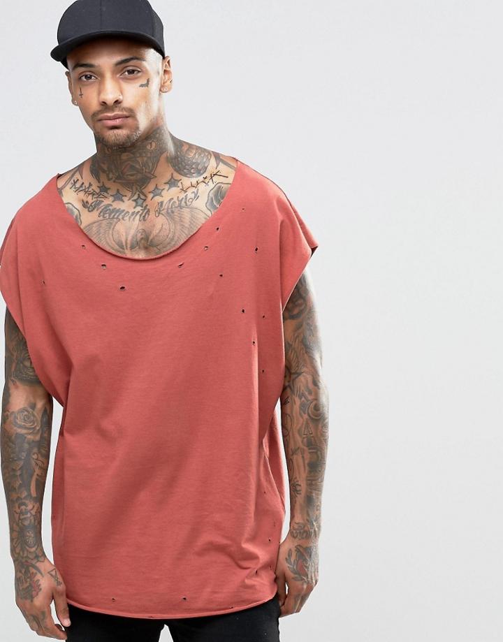 Asos Super Oversized Sleeveless T-shirt With Scoop Neck And Distressing - Flame