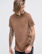 Asos Longline T-shirt With Random Distress And Raw Curved Hem In Auburn - Auburn