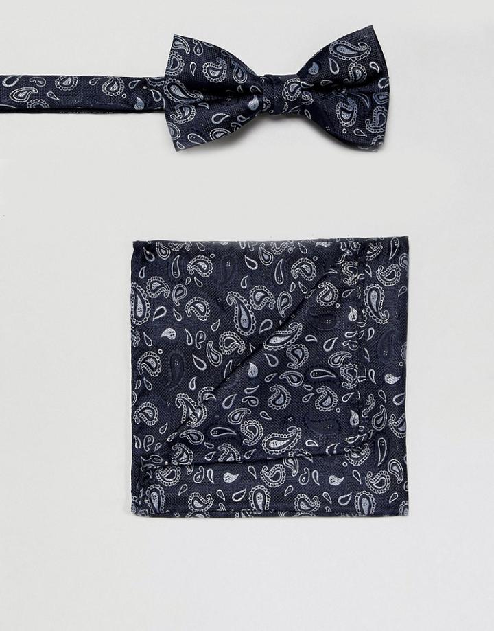 Selected Homme Bow Tie And Pocket Square Set In Navy Paisley - Navy