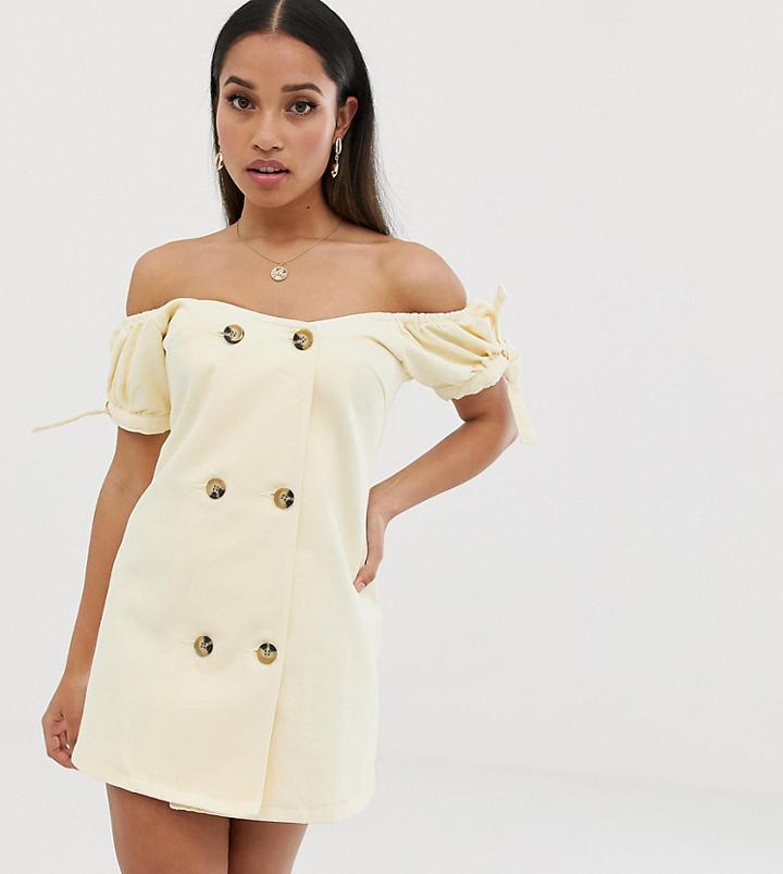 Asos Design Petite Denim Bardot Double Breasted Mini Dress-yellow