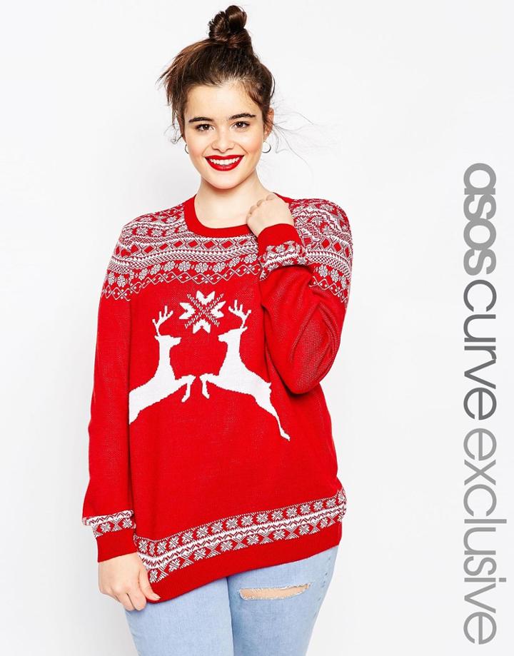 Asos Curve Holidays Sweater In Reindeer Fair Isle - Red