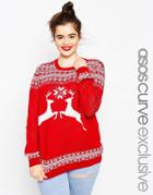 Asos Curve Holidays Sweater In Reindeer Fair Isle - Red