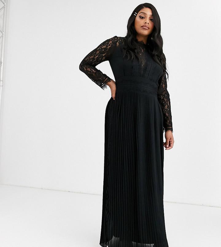 Tfnc Plus Bridesmaid High Neck Long Sleeve Pleated Maxi Dress With Lace Inserts In Black