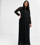 Tfnc Plus Bridesmaid High Neck Long Sleeve Pleated Maxi Dress With Lace Inserts In Black