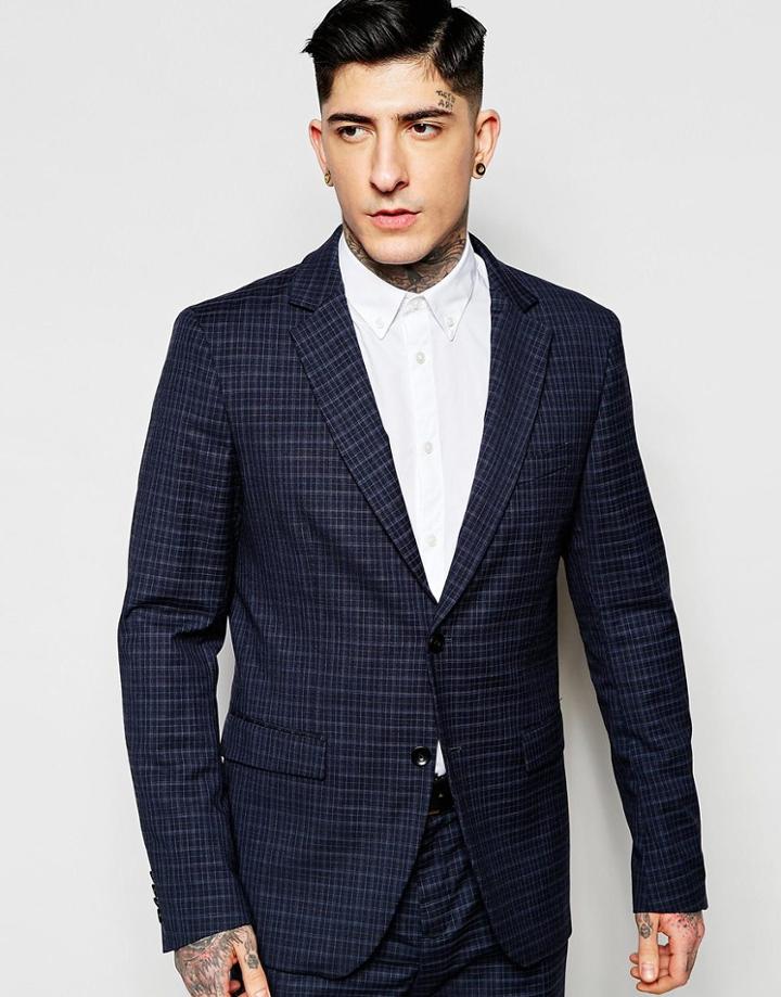 Sisley Slim Fit Mini Plaid Suit Jacket - Navy