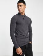 Asos Design Long Sleeve Muscle Fit Jersey Polo In Charcoal Heather-gray