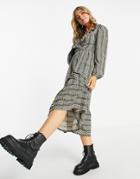 Asos Design Midi Smock Dress With Ruffle Neck And Tiered Hem In Gray And Green Check Print-grey