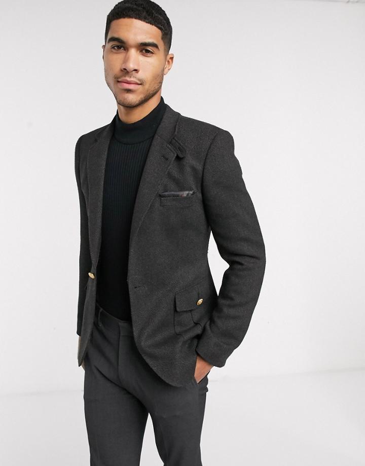 Asos Design Skinny Blazer With Military Tabs In Charcoal Wool Mix Twill-grey