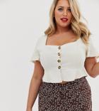 In The Style Plus X Laura Jade Fluted Sleeve Button Front Top In Beige