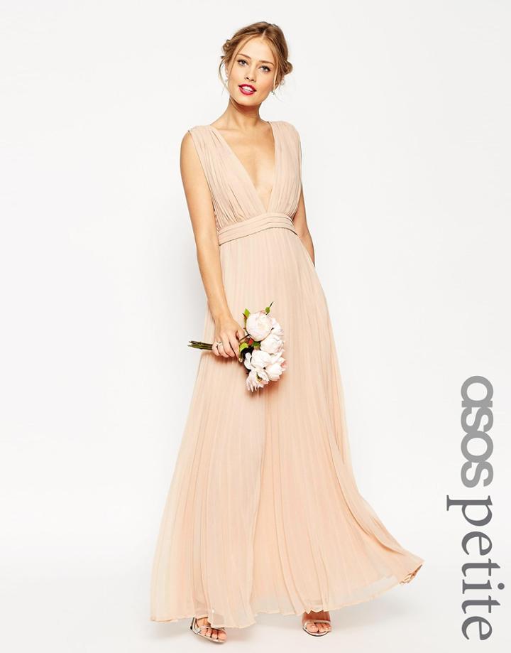 Asos Petite Wedding Deep Plunge Super Full Pleated Maxi Dress - Nude