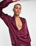 Asos Design Satin Kimono Wrap Shirt In Plum-purple