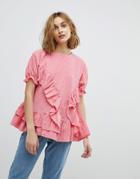 Lost Ink Smock Top With Frill Detail - Pink