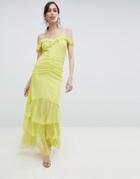 Asos Design Cami Dobby Bardot Ruffle Fishtail Maxi Dress-yellow