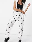 Missguided Playboy Oversized Sweatpants With Bunny Print In White - Part Of A Set