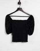 Only Shirred Top With Puff Sleeve In Black