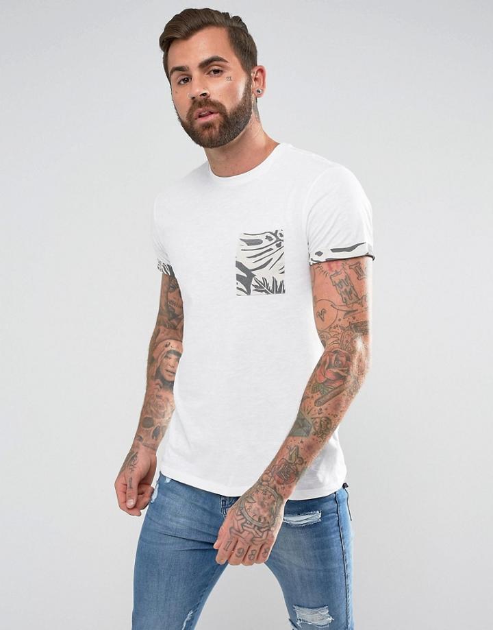 New Look T-shirt With Leaf Print Pocket In White - White