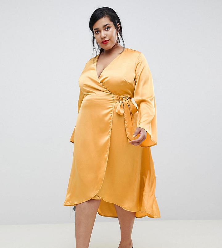 Lost Ink Plus Wrap Front Midi Dress In Satin - Yellow