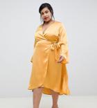 Lost Ink Plus Wrap Front Midi Dress In Satin - Yellow