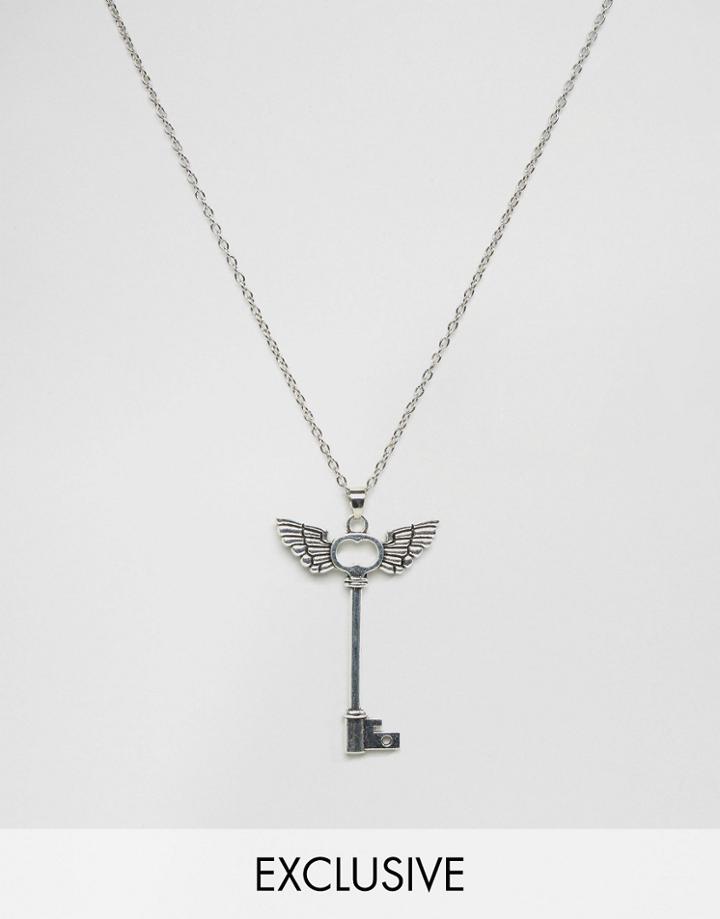 Reclaimed Vintage Key & Wing Pendant Necklace In Silver - Silver