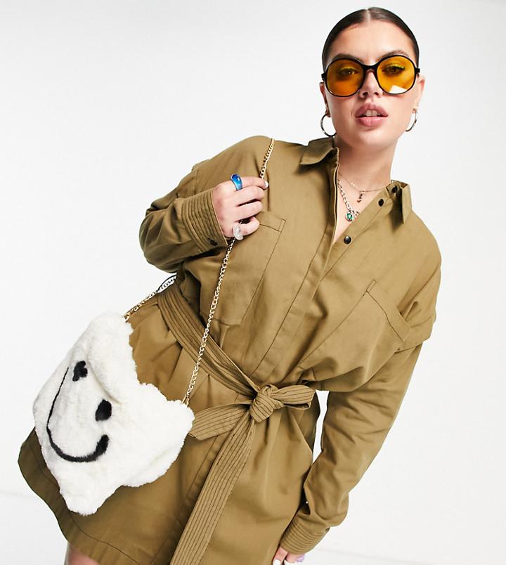 Asos Design Curve Belted Shirt Dress With Drop Shoulder-green
