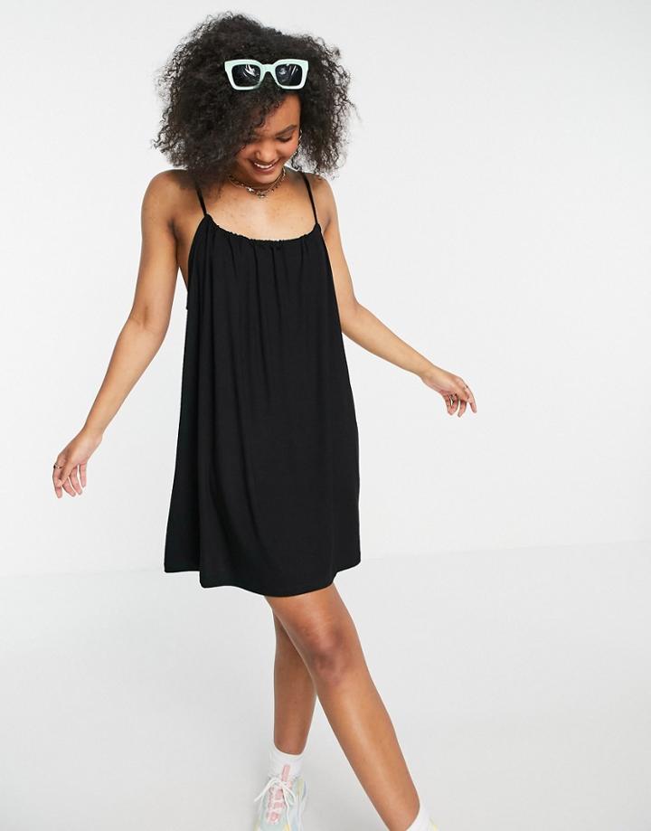 Asos Design Gathered Neck Strappy Mini Sundress In Black