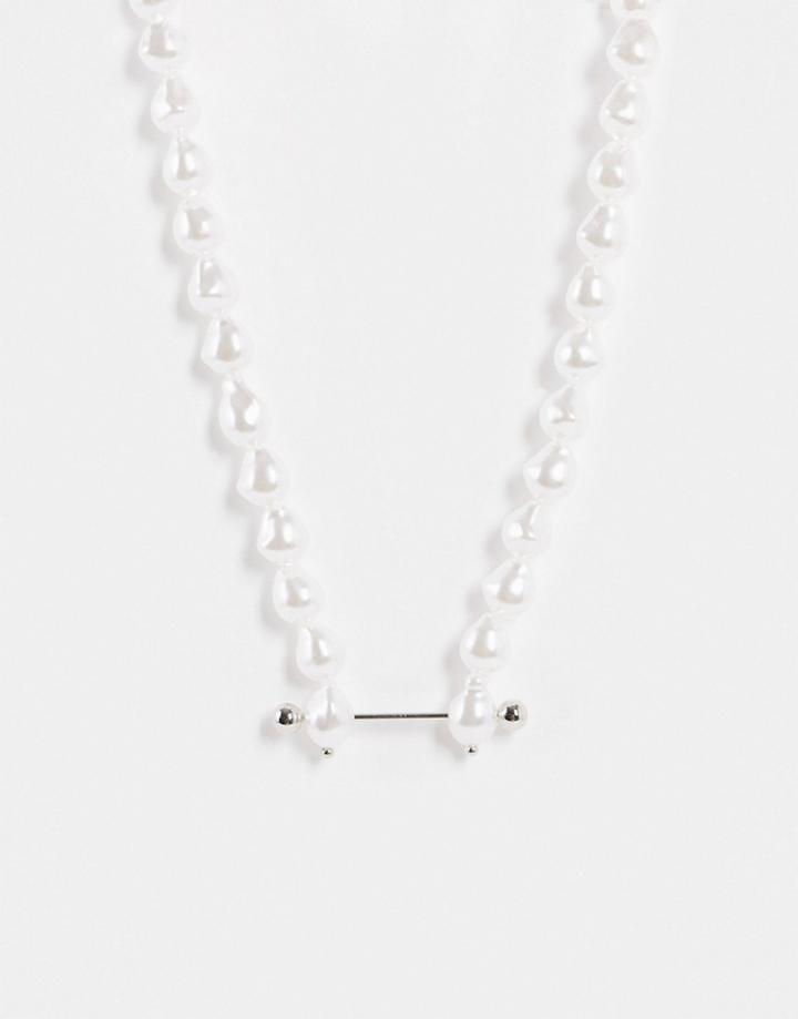 Asos Design Necklace With Pearl And Bar Stud Pendant In Silver Tone