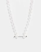 Asos Design Necklace With Pearl And Bar Stud Pendant In Silver Tone