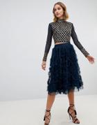 Lace & Beads Tulle Midi Skirt With 3d Shirring Detail In Navy - Navy