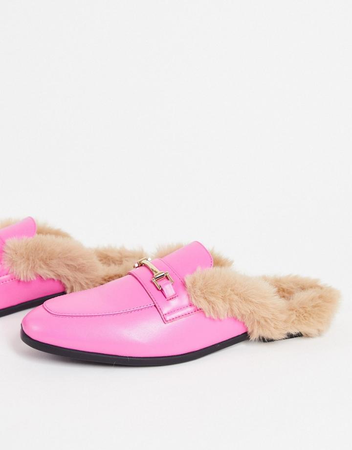 Asos Design Mule Loafer In Bright Pink Faux Leather With Natural Faux Fur