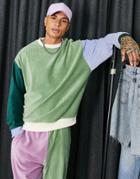 Asos Design Set Oversized Sweatshirt In Ribbed Velour Color Block-multi