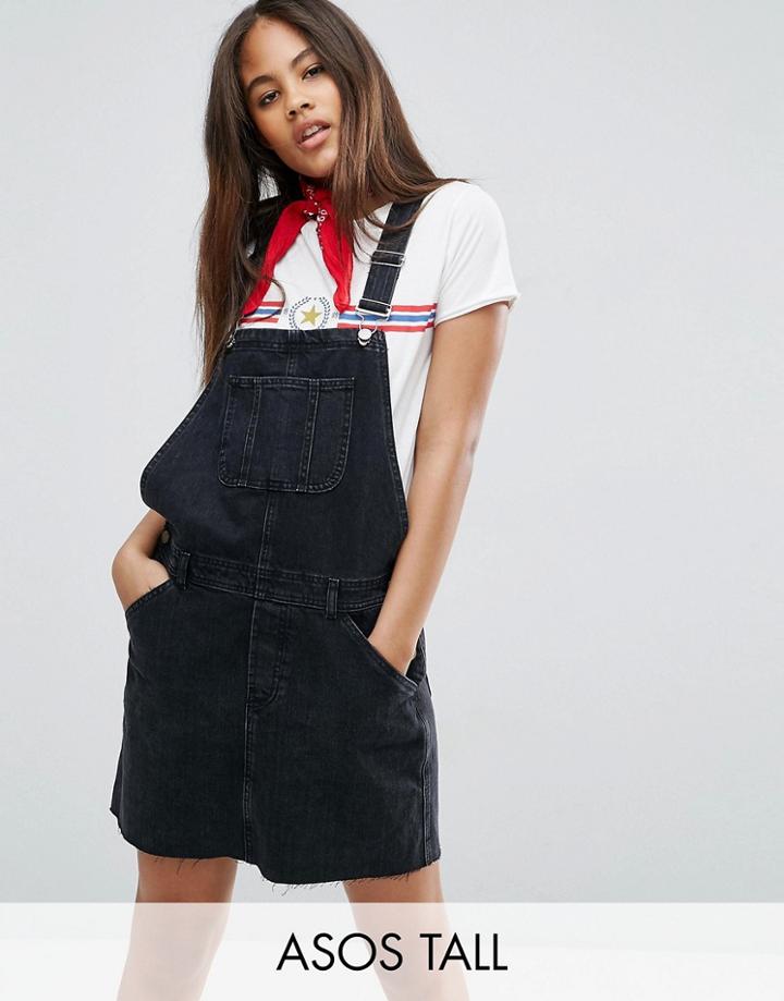 Asos Tall Denim Overall Dress In Washed Black - Black
