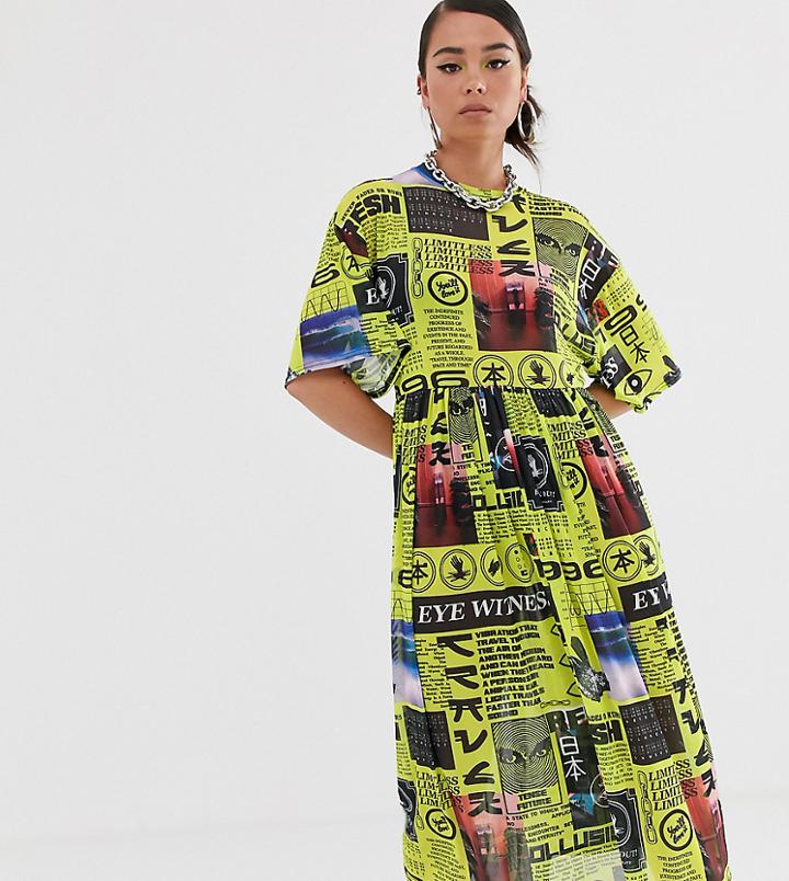Collusion Media Print Mesh Smock Midi Dress-multi