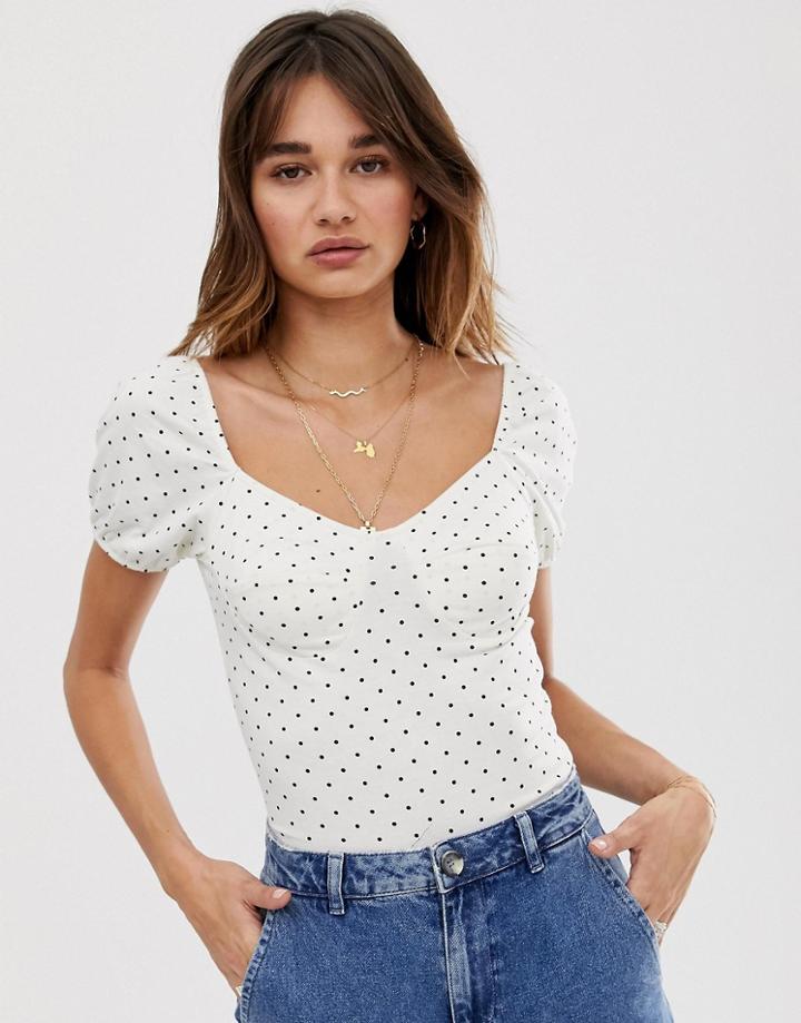 Only Polka Dot Volume Sleeve Top With Cup Detail - Brown