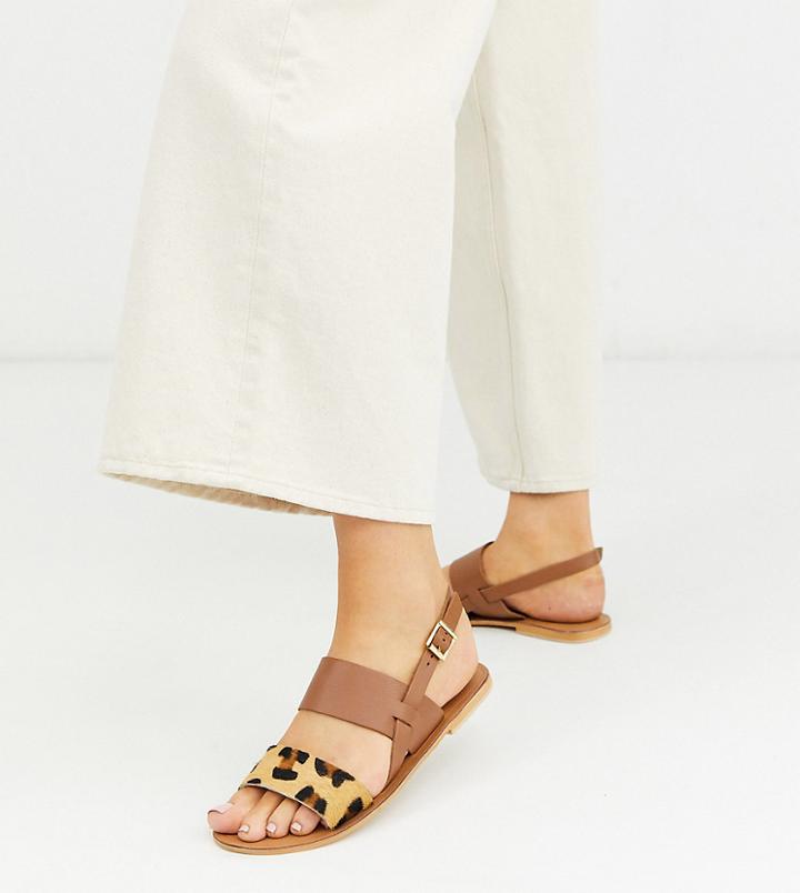 Asos Design Wide Fit Foxglove Leather Flat Sandals In Leopard-brown