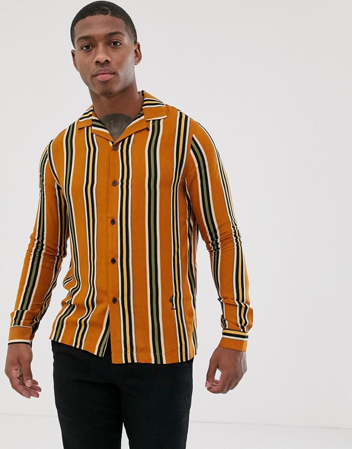 Religion Revere Collar Shirt In Mustard Stripe - Yellow