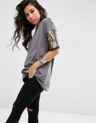Asos T-shirt With Camo Print Sequin Sleeve - Multi
