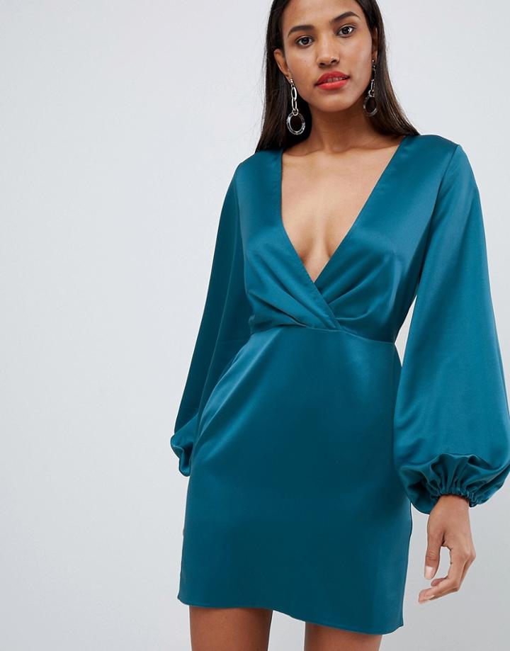 Asos Design Satin Mini Dress With Blouson Sleeve - Green