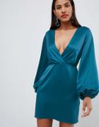 Asos Design Satin Mini Dress With Blouson Sleeve - Green