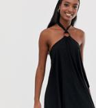 Asos Design Tall Mini Halter Swing Dress With Faux Tortoiseshell Ring Detail - Black