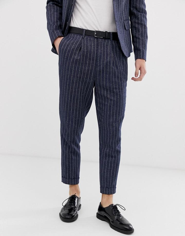 Asos Design Tapered Crop Suit Pants In Linen Stripe-blue