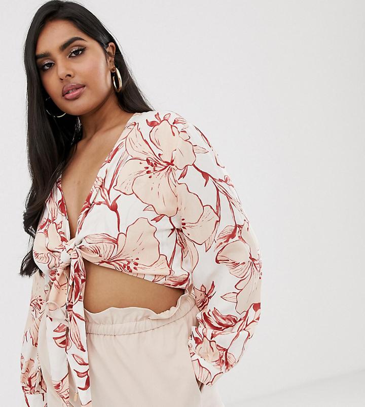 Lasula Plus Knot Crop Crop Top In Tropical Floral Print - Multi