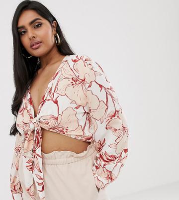 Lasula Plus Knot Crop Crop Top In Tropical Floral Print - Multi