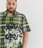 Jaded London Revere Collar Shirt In Neon Green Check With Graffiti - Green